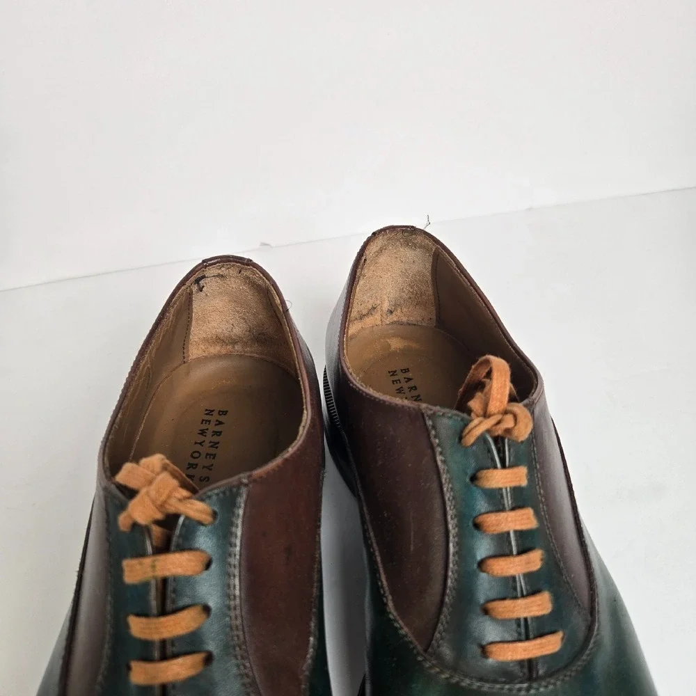 Barney's New York Men's Sz 7 Cap-Toe Oxford Green Luxury Leather Cap Dress Shoes
